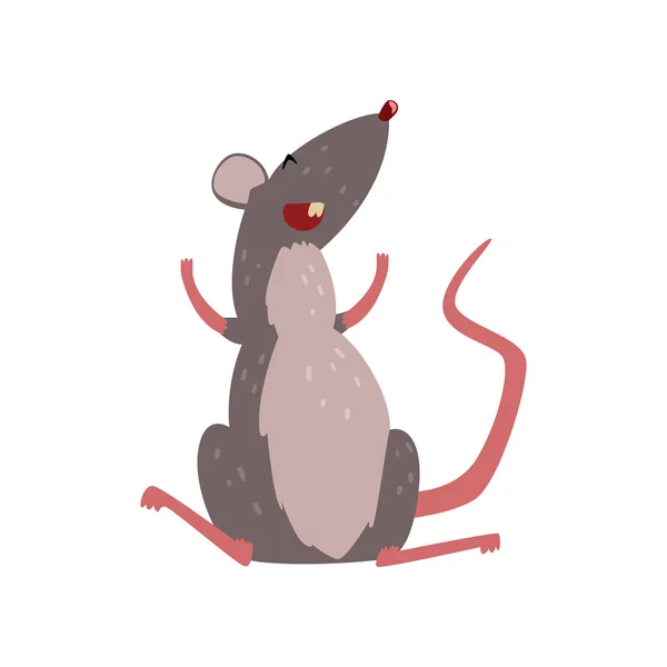 Lindo ratón gris riendo, feliz roedor carácter vector Ilustración sobre un fondo blanco — Vector de stock