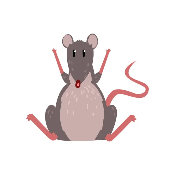 Leuke grijze muis, zittend op de vloer met verhoogde paws, grappig knaagdier karakter vector illustratie op een witte achtergrond — Stockvector