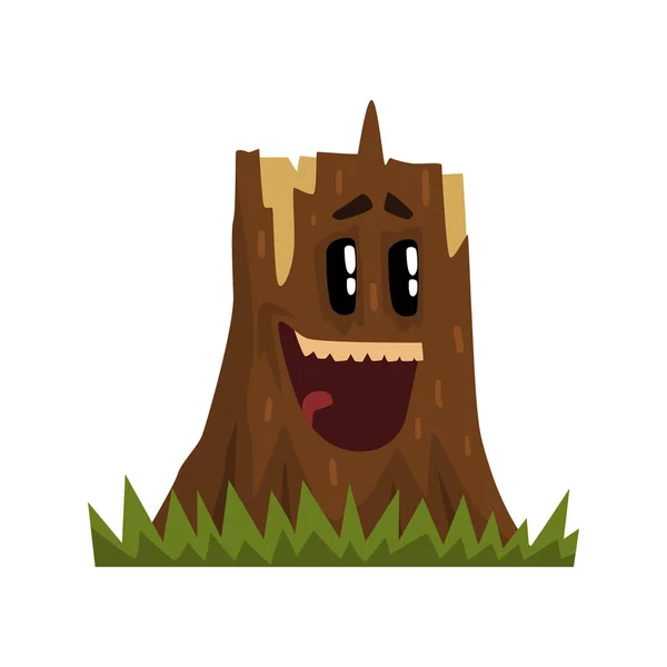Roztomilý smějící se charakter pahýl stromu, s legrační obličej vektorové ilustrace na bílém pozadí — Stockový vektor