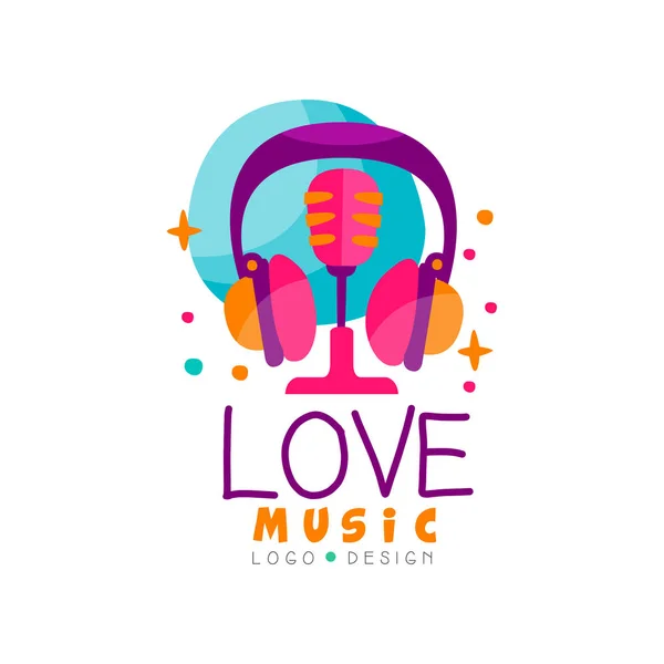 Creative vector emblem with headphones and retro microphone. Logo for music radio station, record studio or mobile app — Stock Vector