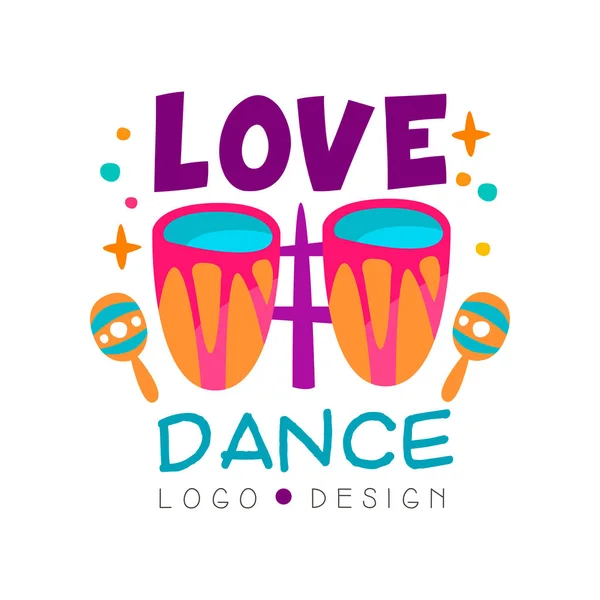 Logotipo musical com tambores e maracas. Design vetorial abstrato para escola de dança, boate ou cartaz de festa promocional — Vetor de Stock