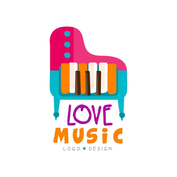 Logotipo musical com piano de cauda colorido. Instrumento musical de teclado grande. Design de vetores para emblema de loja, cartaz promocional ou folheto — Vetor de Stock