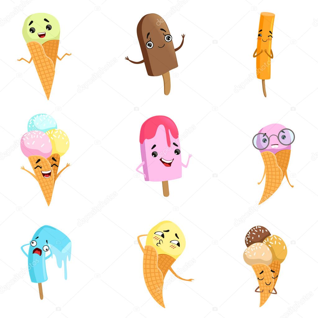 Flat vector set of cute ice-cream characters with various emotions. Frozen desserts with funny faces. Sweet food. Elements for print, sticker or postcard