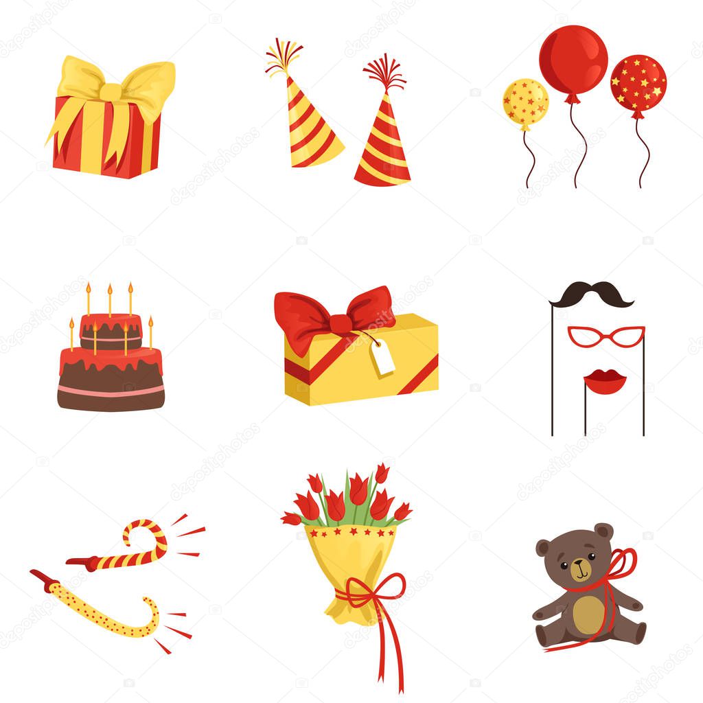 Flat vector set of birthday party elements. Gifts, cone hats, glossy balloons, cake with candles, horns, bouquet of tulips, plush bear, mustache, glasses and lips on sticks