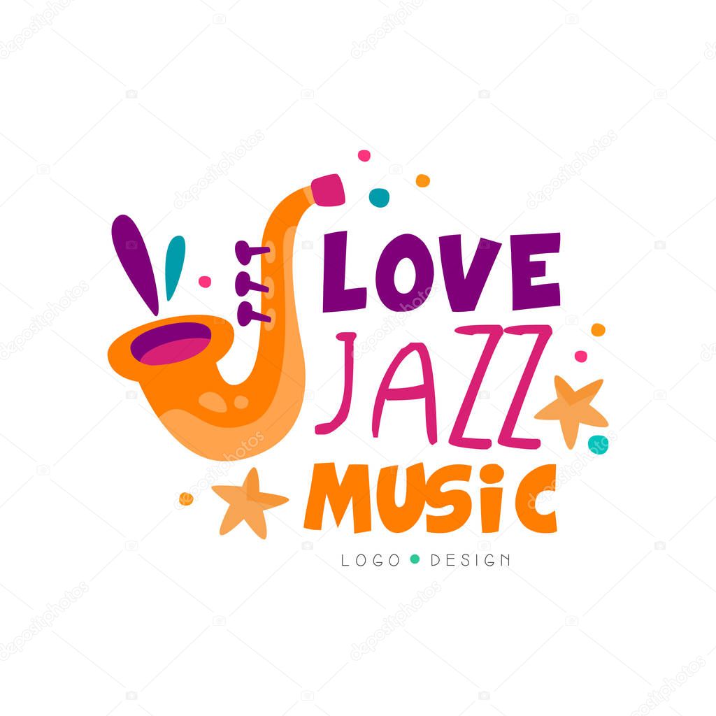 Abstract music logo with saxophone for jazz live concert. Musical instrument. Creative graphic design for invitation card, promo poster or banner. Colorful vector emblem isolated on white background.