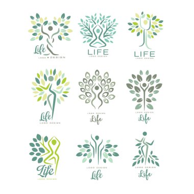 Hayat logo şablonlar kümesi düz vektör insan ve yeşil yaprakların siluetleri ile. Yoga stüdyosu, sağlık ve tıbbi bakım merkezi için soyut Amblemler