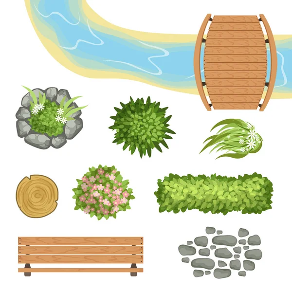 Conjunto vetorial plano de elementos da paisagem. Ponte de madeira e banco, toco, rio, arbustos verdes e flores, caminho de pedra. Vista superior —  Vetores de Stock