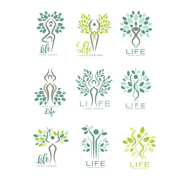 Healthy life logo for wellness center, spa salon or yoga studio. Harmony with nature. Set of flat vector emblems with abstract human silhouettes and leaves — Stock Vector