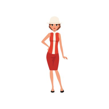Kırmızı elbise ve beyaz şapka, kız vintage moda kıyafet vektör çizim beyaz bir arka plan güzel genç kadın