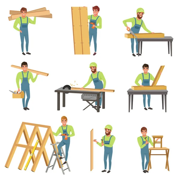 Dibujos animados conjunto de personajes de carpintero en el trabajo. Personas con herramientas para aserrado y carpintería. Hombres jóvenes con monos azules trabajando con madera. Diseño de vector plano — Archivo Imágenes Vectoriales