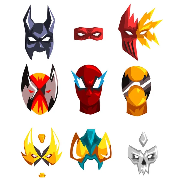 Conjunto vetorial plano de máscaras de super-heróis. Atributo de roupa para festa fantasiada. Caras de heróis. Design para adereços de fotos ou aplicativo móvel — Vetor de Stock