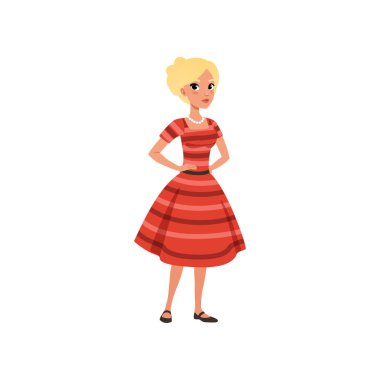 Kırmızı elbiseli kız moda kıyafet vektör çizim beyaz bir arka plan güzel sarışın genç kadın