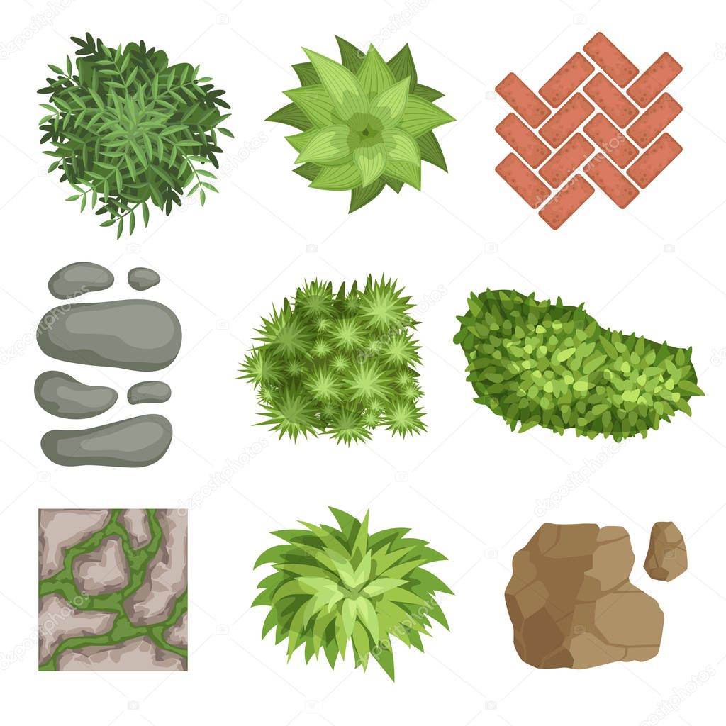 Flat vector set of landscape elements. Green plants, stones, different types of pathway covers. Top view.