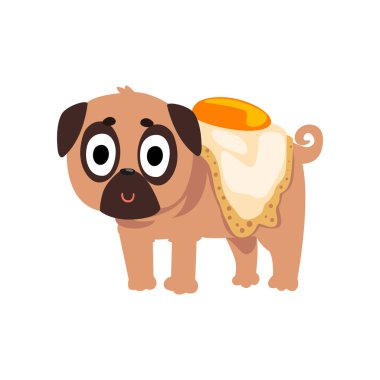Şirin komik pug köpek karakteri ile beyaz bir arka plan üzerinde onun arka vektör çizim üzerinde kızarmış yumurta
