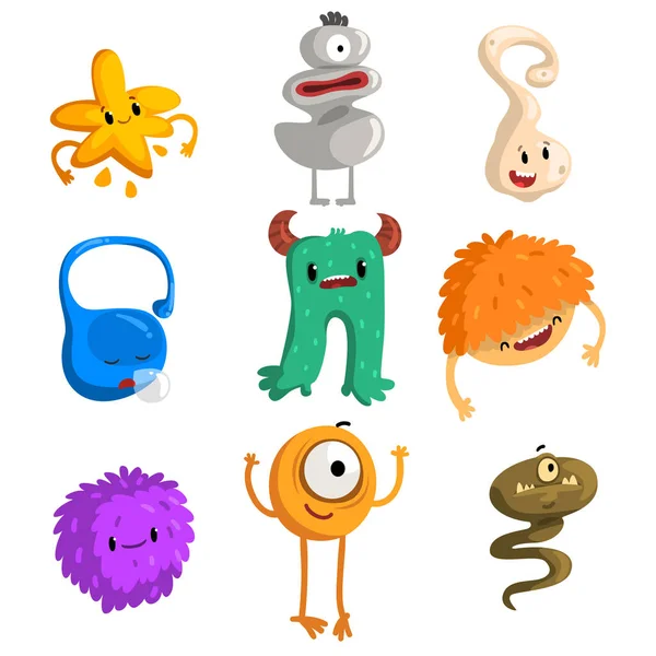 Flat vektor uppsättning roliga små monster. Cartoon fantastiska varelser för barnbok, Mobilspel, utskrift eller vykort — Stock vektor