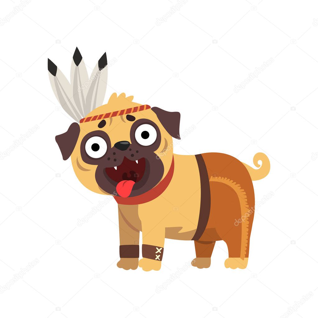 Funny pug dog character in American Indian costume vector Illustration on a white background
