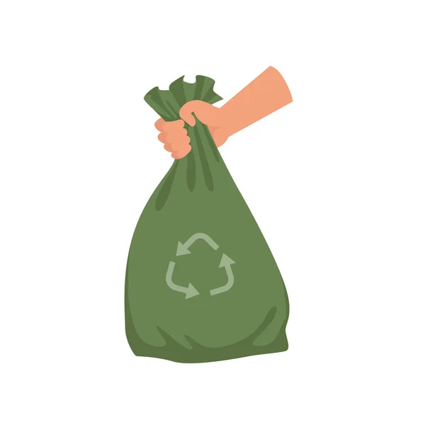 Mano sosteniendo bolsa de basura de plástico verde, reciclaje de basura y vector de utilización Ilustración sobre un fondo blanco — Vector de stock