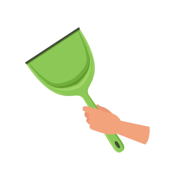 Mão segurando colher de plástico verde, mão humana com ferramenta para limpeza, vetor conceito doméstico Ilustração em um fundo branco — Vetor de Stock