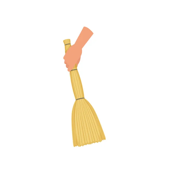 Mão segurando vassoura varrendo, besom, mão humana com ferramenta para limpeza, vetor conceito de trabalho doméstico Ilustração em um fundo branco — Vetor de Stock