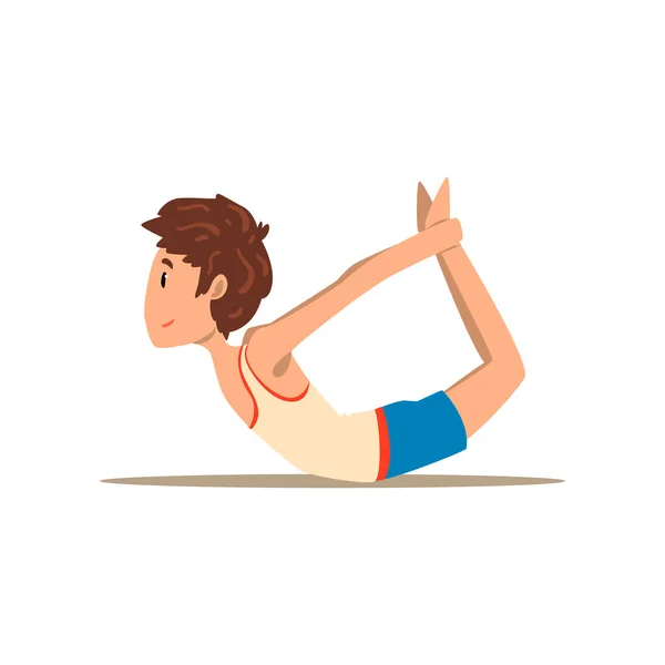 Pojke i fören yoga pose, Dhanurasana, rehabilitering träning för ryggsmärtor och förbättra kroppshållning vektor Illustration på vit bakgrund — Stock vektor
