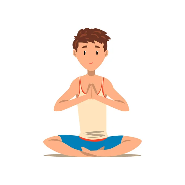 Niño sentado en pose de Lotus yoga, ejercicio para el dolor de espalda y mejora vector de postura Ilustración sobre un fondo blanco — Vector de stock