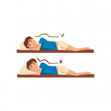 Uyumak için doğru ve en kötü pozisyonlar, yatakta uyuyan çocuk üzerinde beyaz bir arka plan illüstrasyon vektör