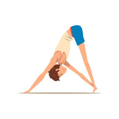 Oğlum bel ağrısı için rehabilitasyon egzersiz yapıyor ve duruş geliştirmek resimde beyaz bir arka plan üzerinde vektör