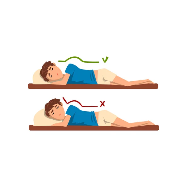 Korrekt och värsta positioner för att sova, pojke sova på sängen vektor Illustration på vit bakgrund — Stock vektor