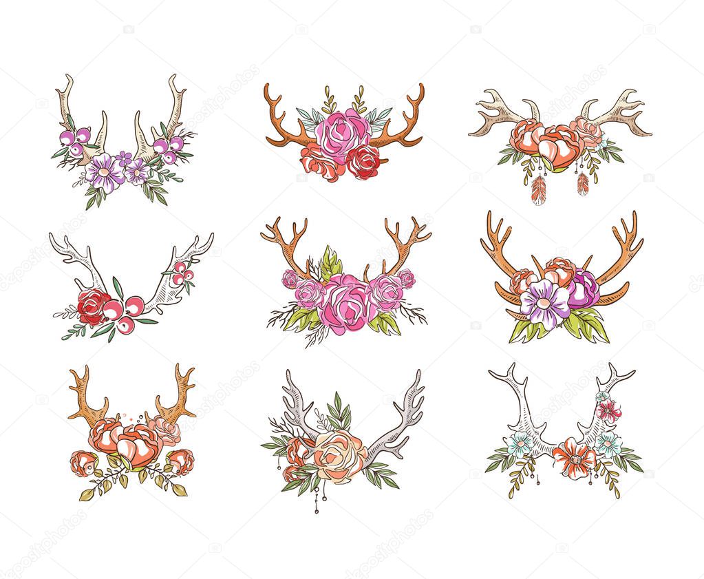 Deer horns with flowers set, hand drawn floral composition with antlers vector Illustrations on a white background