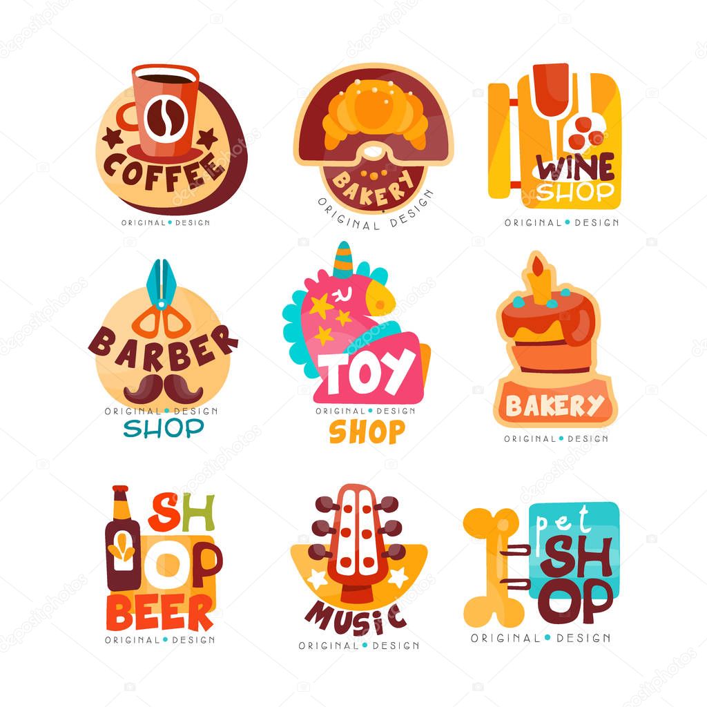 Collection of various shops logo templates set, emblem for coffee, wine, barber, toy, bakery, beer, music, pet market vector Illustrations on a white background