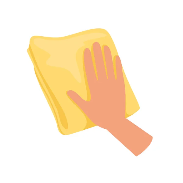 Hand hält gelben Lappen, menschliche Hand mit Reinigungswerkzeug, Vektor-Illustration für Hausarbeit auf weißem Hintergrund — Stockvektor