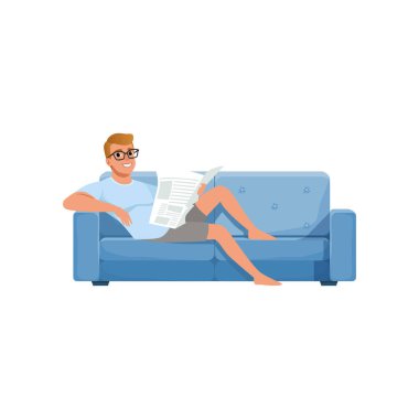 Mavi kanepede oturan ve okuma gazete, insanlar aktivite, günlük rutin genç adam beyaz bir arka plan üzerinde illüstrasyon vektör