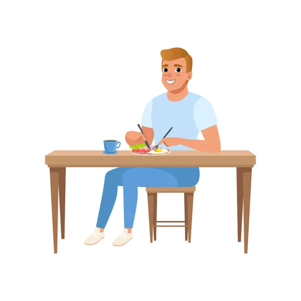 Hombre joven desayunando, actividad de la gente, vector de rutina diaria Ilustración sobre un fondo blanco — Archivo Imágenes Vectoriales