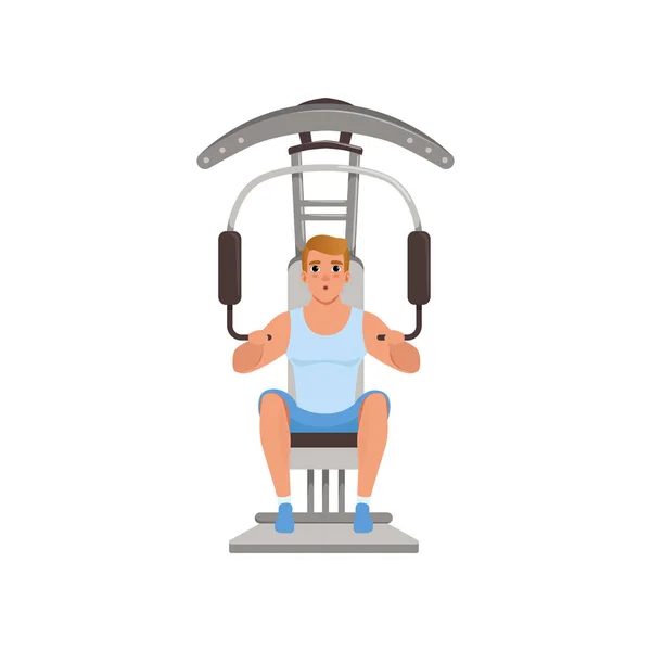 Hombre joven flexionando los músculos en la máquina de gimnasio entrenador, la actividad de la gente, vector de rutina diaria Ilustración sobre un fondo blanco — Vector de stock