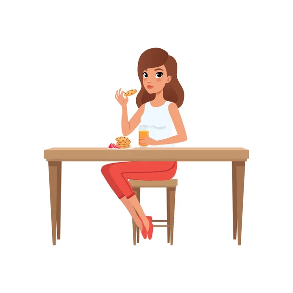 Mujer joven desayunando, actividad de la gente, vector de rutina diaria Ilustración sobre un fondo blanco — Archivo Imágenes Vectoriales