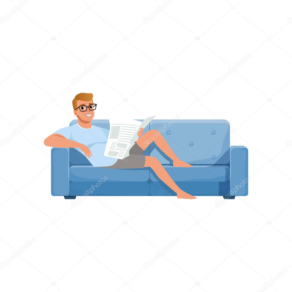 Young man sitting on a blue sofa and reading newspaper, people activity, daily routine vector Illustration on a white background