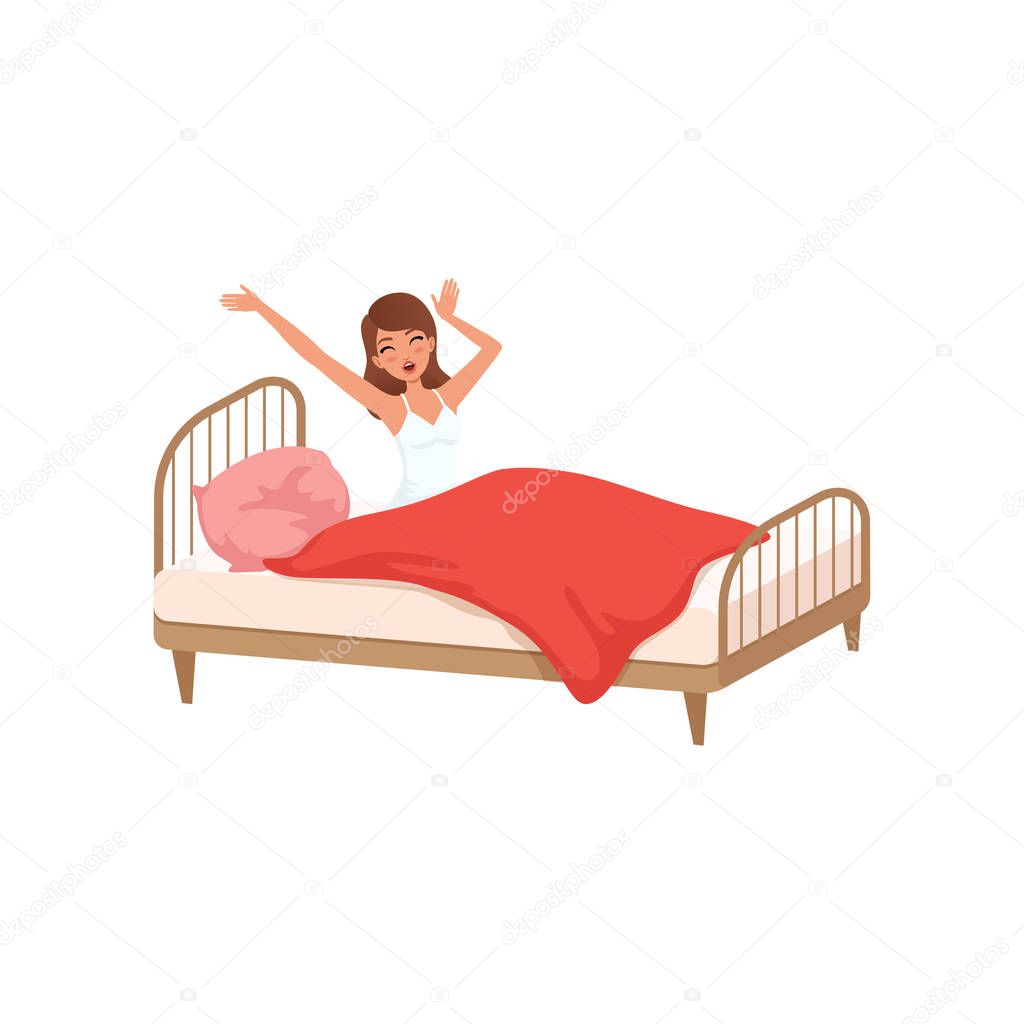 Young woman waking up beginning a good day, people activity, daily routine vector Illustration on a white background
