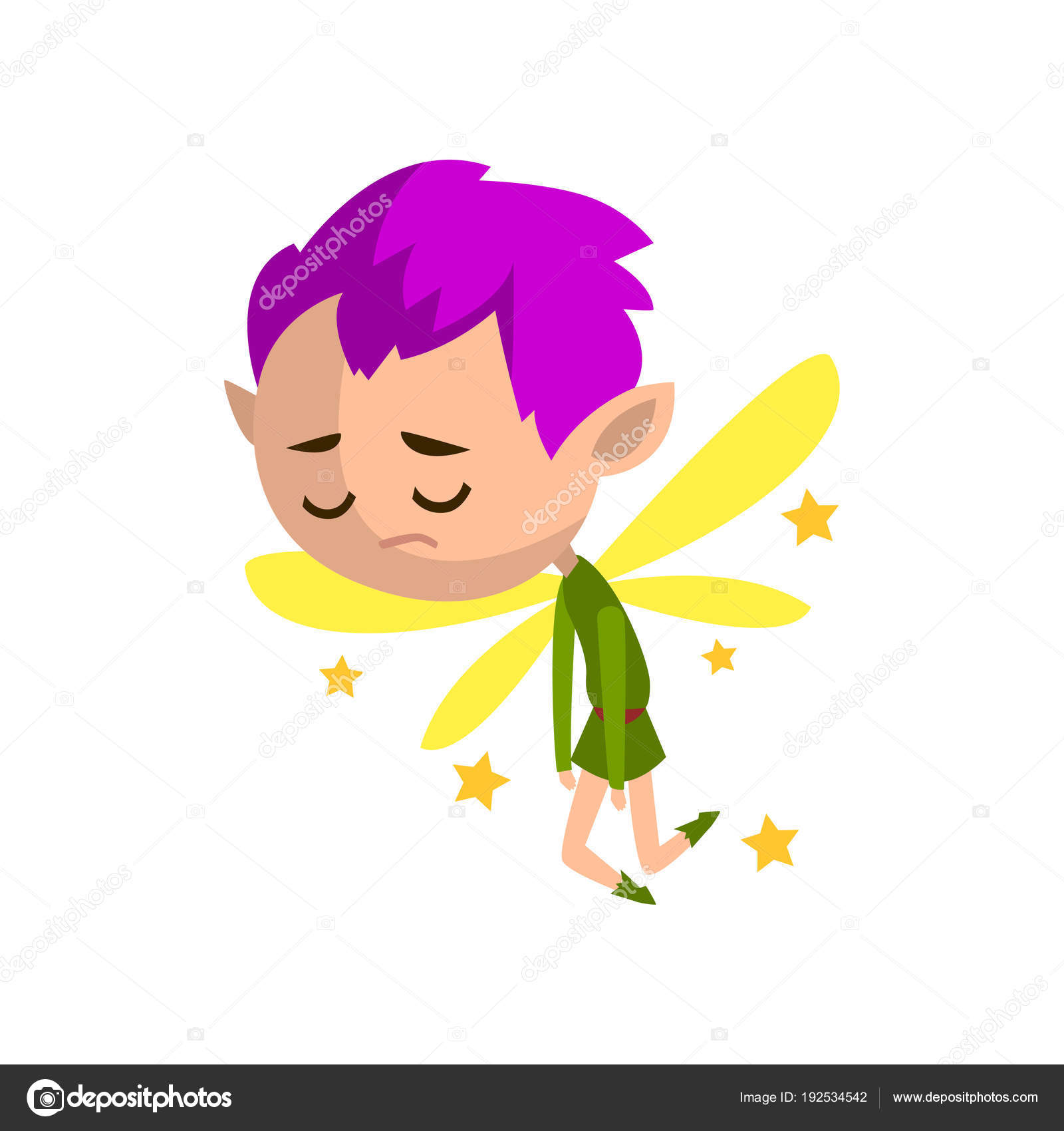 Little Winged Sad Elf Boy With Purple Hair Cute Fairytale