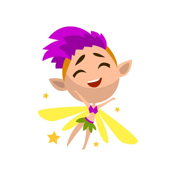 Petite elfe ailée fille aux cheveux violets, mignon vecteur de personnage de conte de fées Illustration sur un fond blanc — Image vectorielle