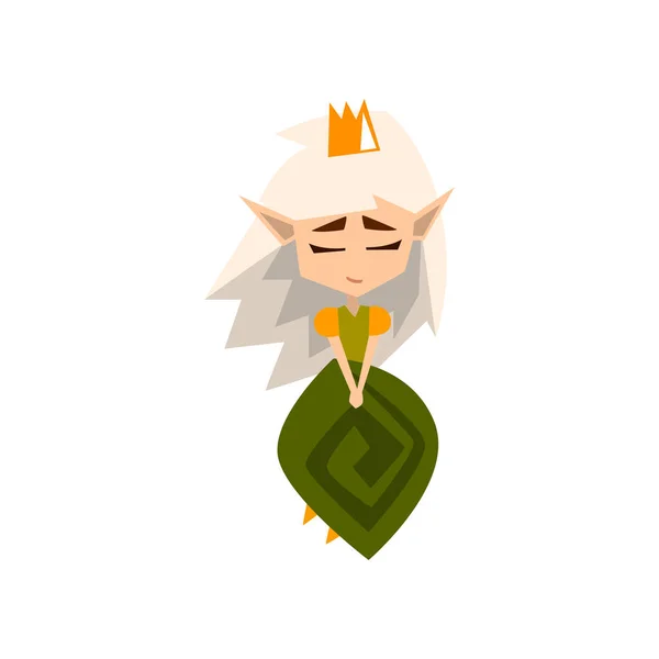 Princesa del bosque Elfos con pelo blanco y vestido verde, lindo cuento de hadas vector personaje mágico Ilustración sobre un fondo blanco — Archivo Imágenes Vectoriales