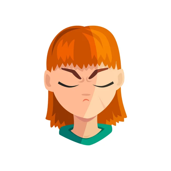 Chica pelirroja triste con los ojos cerrados, cara emocional femenina, avatar con vector de expresión facial Ilustración sobre un fondo blanco — Vector de stock