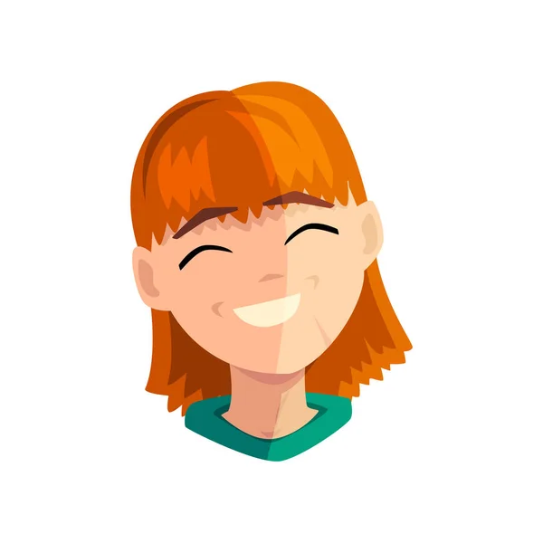 Смеющаяся рыжая девушка, женское эмоциональное лицо, аватар с векторным выражением лица Иллюстрация на белом фоне — стоковый вектор