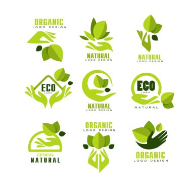 Eko, organik, doğal logo tasarım kümesi, premium kalite ürün etiketi, kafe, ambalaj, Restoran, amblemi beyaz zemin üzerine ürünler vektör çizimler çiftlik