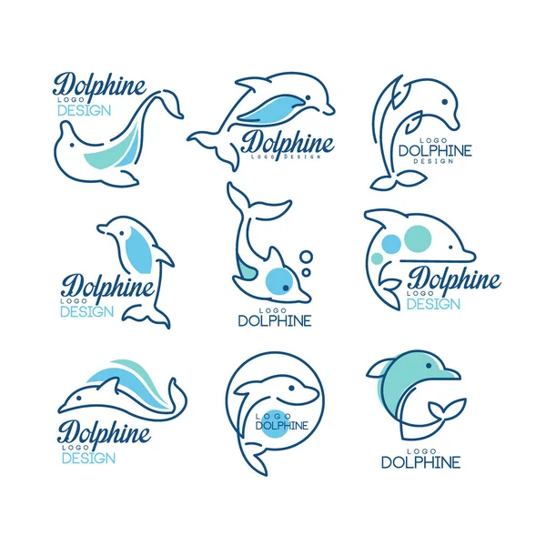 Ensemble de gabarits de logo dauphin, éléments de design nautique en vecteur de couleurs bleues Illustrations sur fond blanc — Image vectorielle