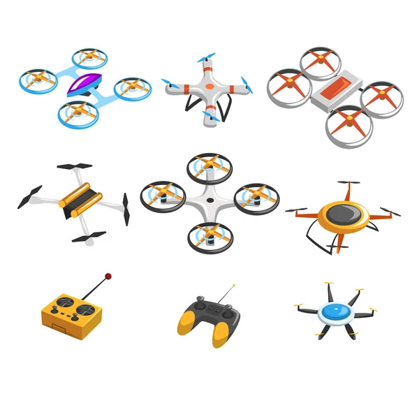 Flache Vektor-Set aus Quadrokoptern, Fernbedienung und Joystick. unbemannte Luftfahrzeuge. fliegende Drohnen mit Rotorblättern. moderne Technologien — Stockvektor