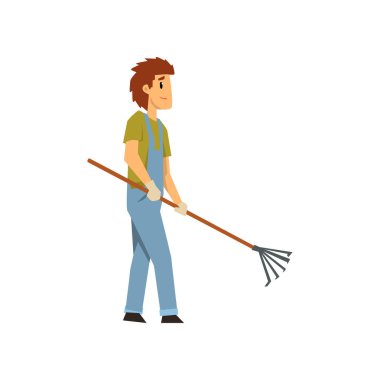 Çekme fan kazıyıcı, Bahçe araç vektör çizim üzerinde beyaz bir arka plan ile çiftlik işçisi ile erkek çiftçi