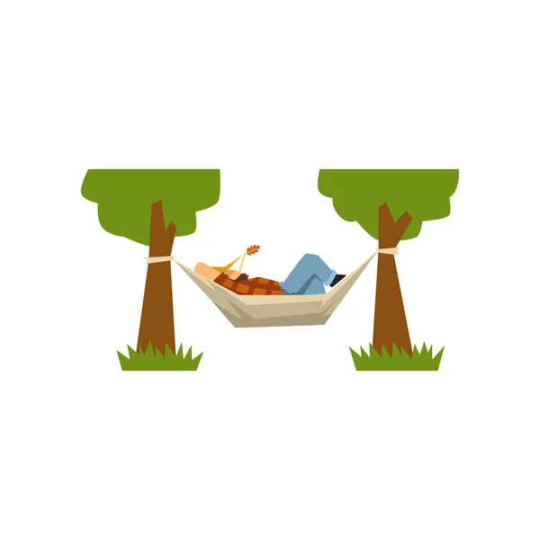 Male farmer lying in a hammock, hammock hanging between green trees vector Illustration on a white background — Stock Vector