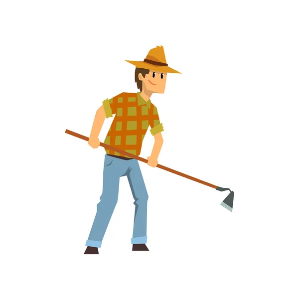 Mężczyzna rolnik pracy z motyka, robotnik z ogrodnictwo narzędzia wektor ilustracja na białym tle — Wektor stockowy