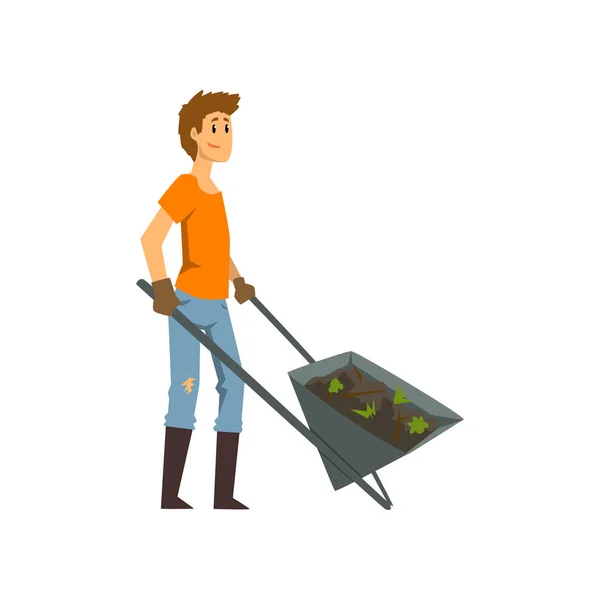 Agricultor masculino com carrinho de mão de terra, jardineiro no vetor de trabalho Ilustração sobre um fundo branco —  Vetores de Stock