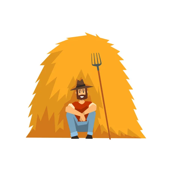 Agricultor descansando sentado junto al vector del pajar Ilustración sobre un fondo blanco — Vector de stock